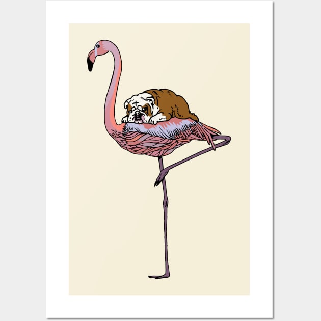 Flamingo and English Bulldog Wall Art by huebucket